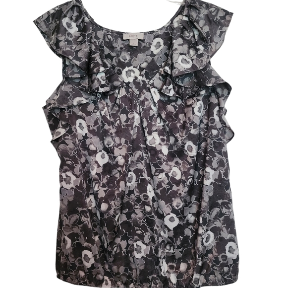 LOFT black gray floral sleeveless ruffle v-neck Large - Picture 1 of 7
